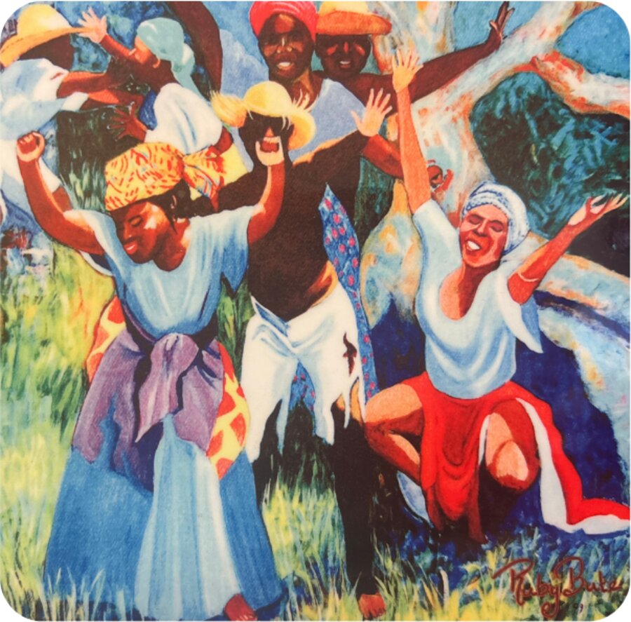 A vibrant painting of Caribbean quadrille dancers in traditional dress, arms raised in celebration under a flowering tree.