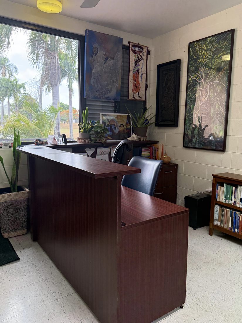 A reception desk with framed Caribbean artwork and a view of palm trees through the window.